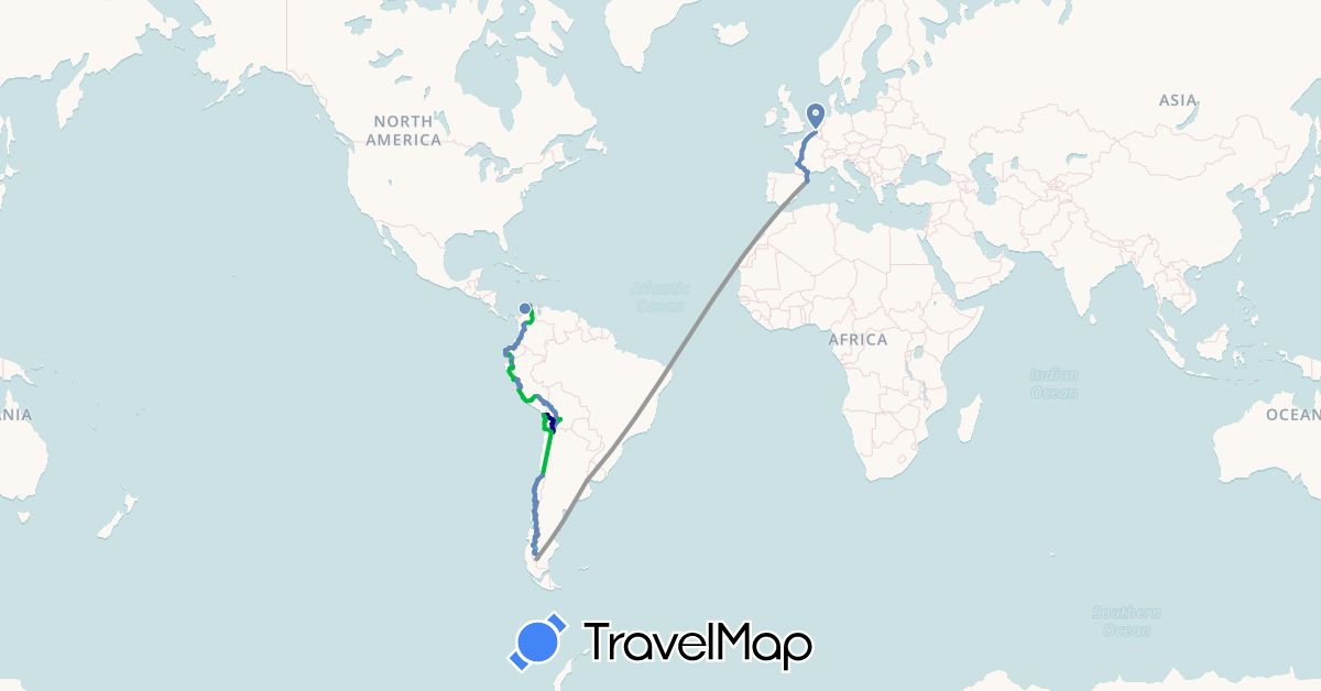 TravelMap itinerary: driving, bus, plane, cycling, hiking, boat in Argentina, Belgium, Bolivia, Chile, Colombia, Ecuador, Spain, France, Peru (Europe, South America)